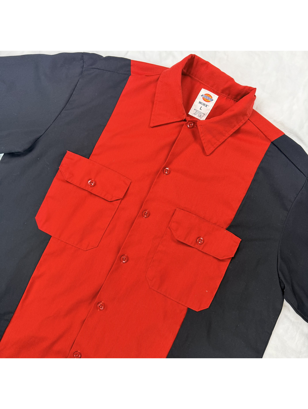 Dickies Work Shirt Mens L Red Black Colorblock Short Sleeve Button Up Y2K